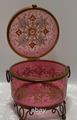 Antique Moser Cranberry Glass Footed BOX Gold Enamel Decoration Czech Bohemia 5