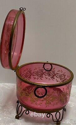 Antique Moser Cranberry Glass Footed BOX Gold Enamel Decoration Czech Bohemia 5