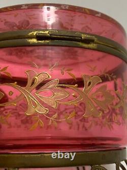 Antique Moser Cranberry Glass Footed BOX Gold Enamel Decoration Czech Bohemia 5