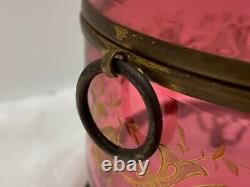 Antique Moser Cranberry Glass Footed BOX Gold Enamel Decoration Czech Bohemia 5