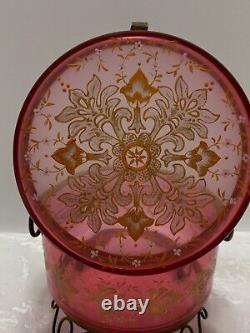 Antique Moser Cranberry Glass Footed BOX Gold Enamel Decoration Czech Bohemia 5