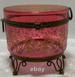 Antique Moser Cranberry Glass Footed BOX Gold Enamel Decoration Czech Bohemia 5