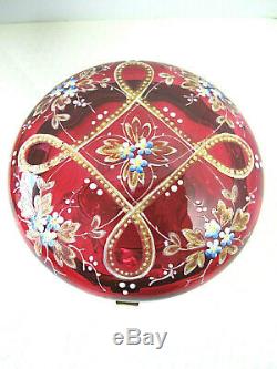 Antique Moser Cranberry Glass Hinged Powder/Trinket Dish Enamel Decor Footed