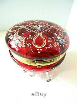 Antique Moser Cranberry Glass Hinged Powder/Trinket Dish Enamel Decor Footed