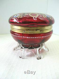 Antique Moser Cranberry Glass Hinged Powder/Trinket Dish Enamel Decor Footed