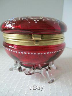 Antique Moser Cranberry Glass Hinged Powder/Trinket Dish Enamel Decor Footed