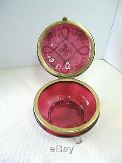 Antique Moser Cranberry Glass Hinged Powder/Trinket Dish Enamel Decor Footed