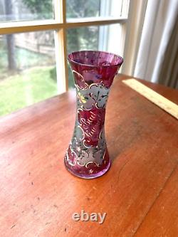 Antique Moser Cranberry Gold Enameled Decorated Vase 5 in