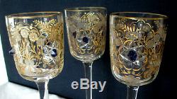 Antique Moser Cut Glass Intaglio Gold Gilt RARE 3 Goblet stem set Blue Jewel