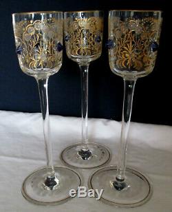 Antique Moser Cut Glass Intaglio Gold Gilt RARE 3 Goblet stem set Blue Jewel