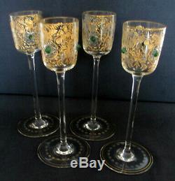 Antique Moser Cut Glass Intaglio Gold Gilt RARE 4 Goblet stem set Green Jewel