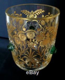 Antique Moser Cut Glass Intaglio Gold Gilt RARE 4 Goblet stem set Green Jewel