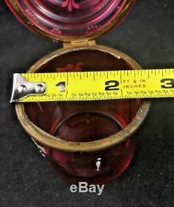 Antique Moser Czech Red Cranberry Glass Enamel Hinged 4 3/8 Dresser Jar Box