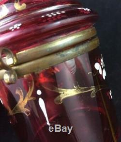 Antique Moser Czech Red Cranberry Glass Enamel Hinged 4 3/8 Dresser Jar Box