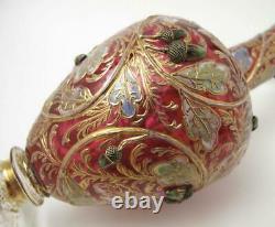 Antique Moser Enamel Acorn & Oak Leaves Gilt Gold Cranberry Glass Jug Signed