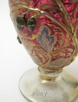 Antique Moser Enamel Acorn & Oak Leaves Gilt Gold Cranberry Glass Jug Signed