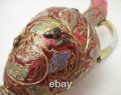 Antique Moser Enamel Acorn & Oak Leaves Gilt Gold Cranberry Glass Jug Signed