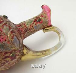 Antique Moser Enamel Acorn & Oak Leaves Gilt Gold Cranberry Glass Jug Signed