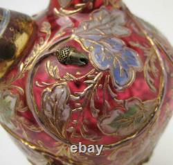 Antique Moser Enamel Acorn & Oak Leaves Gilt Gold Cranberry Glass Jug Signed