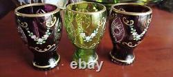 Antique Moser Glass 3 of Cut to Clear Hand Painted Beaker Chalice Gold Gilt