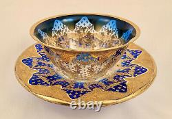 Antique Moser Glass Bowl & Underplate, Cobalt Blue & Gold Enameling