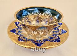 Antique Moser Glass Bowl & Underplate, Cobalt Blue & Gold Enameling