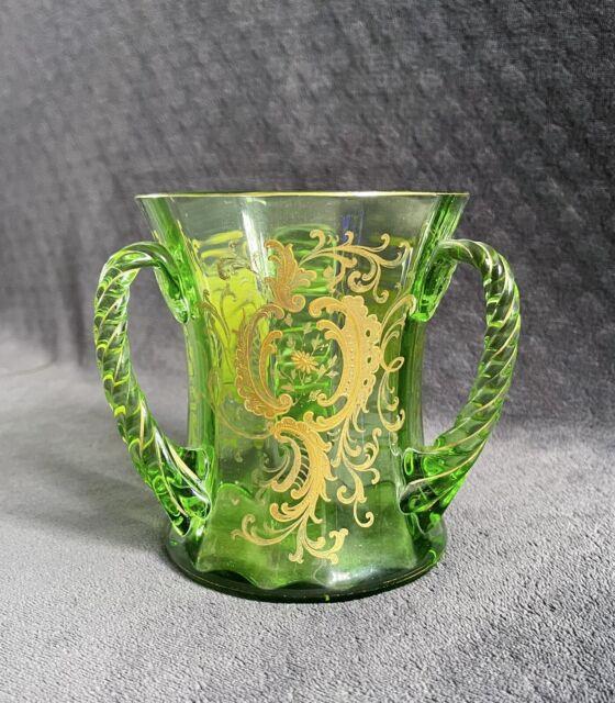 Antique Moser Hand Blown Twisted Handles Gold Encrusted Green Glass Trophy Vase