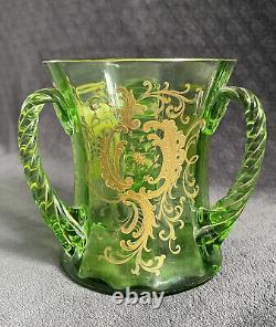 Antique Moser Hand Blown Twisted Handles Gold Encrusted Green Glass Trophy Vase