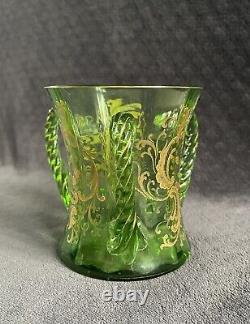 Antique Moser Hand Blown Twisted Handles Gold Encrusted Green Glass Trophy Vase