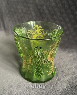 Antique Moser Hand Blown Twisted Handles Gold Encrusted Green Glass Trophy Vase