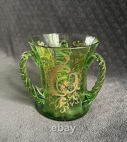 Antique Moser Hand Blown Twisted Handles Gold Encrusted Green Glass Trophy Vase