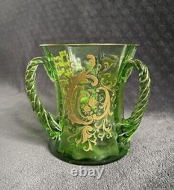 Antique Moser Hand Blown Twisted Handles Gold Encrusted Green Glass Trophy Vase