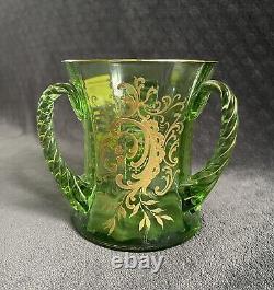 Antique Moser Hand Blown Twisted Handles Gold Encrusted Green Glass Trophy Vase