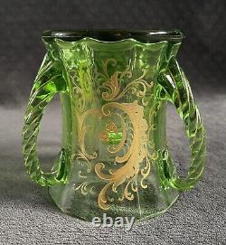 Antique Moser Hand Blown Twisted Handles Gold Encrusted Green Glass Trophy Vase