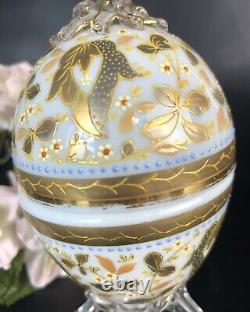 Antique Moser/Moser Type Art Glass Vase Egg Shape, Ornate, Enamel Jewels, Gilt