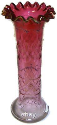 Antique Moser Rubina Glass Vase Cut w Thick Enamel & Gold