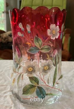 Antique Moser Rubina Hand Painted Floral Thumbprint Optic Celery Vase 6