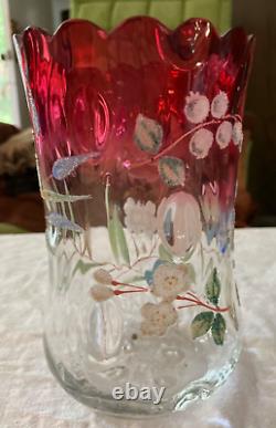 Antique Moser Rubina Hand Painted Floral Thumbprint Optic Celery Vase 6