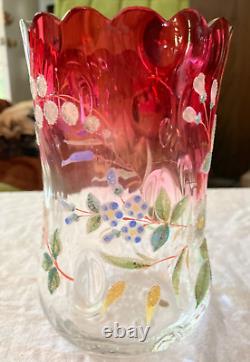 Antique Moser Rubina Hand Painted Floral Thumbprint Optic Celery Vase 6