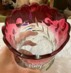 Antique Moser Rubina Hand Painted Floral Thumbprint Optic Celery Vase 6