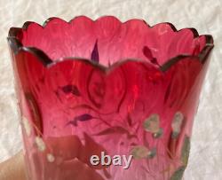 Antique Moser Rubina Hand Painted Floral Thumbprint Optic Celery Vase 6