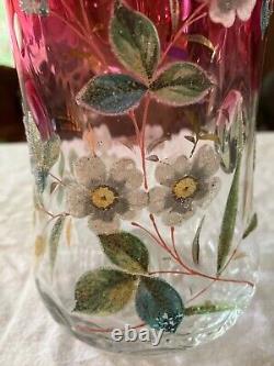 Antique Moser Rubina Hand Painted Floral Thumbprint Optic Celery Vase 6