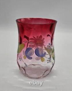 Antique Moser Rubina Hand Painted Floral Thumbprint Optic Vase 4½