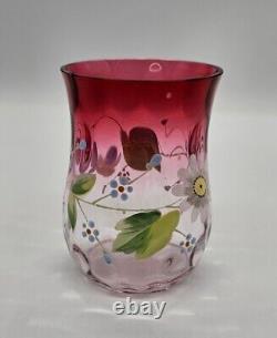 Antique Moser Rubina Hand Painted Floral Thumbprint Optic Vase 4½