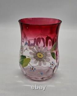 Antique Moser Rubina Hand Painted Floral Thumbprint Optic Vase 4½