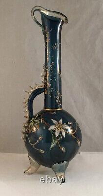 Antique Moser Victorian Art Glass Blue Vase Left Handed Ewer Enamel Decoration