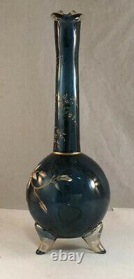 Antique Moser Victorian Art Glass Blue Vase Left Handed Ewer Enamel Decoration