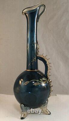 Antique Moser Victorian Art Glass Blue Vase Left Handed Ewer Enamel Decoration