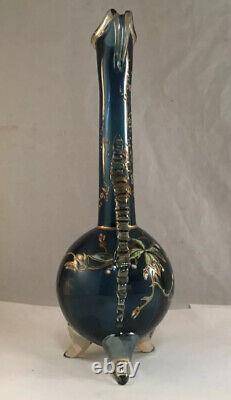 Antique Moser Victorian Art Glass Blue Vase Left Handed Ewer Enamel Decoration