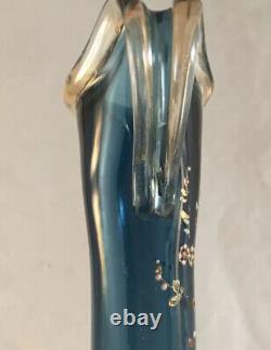 Antique Moser Victorian Art Glass Blue Vase Left Handed Ewer Enamel Decoration